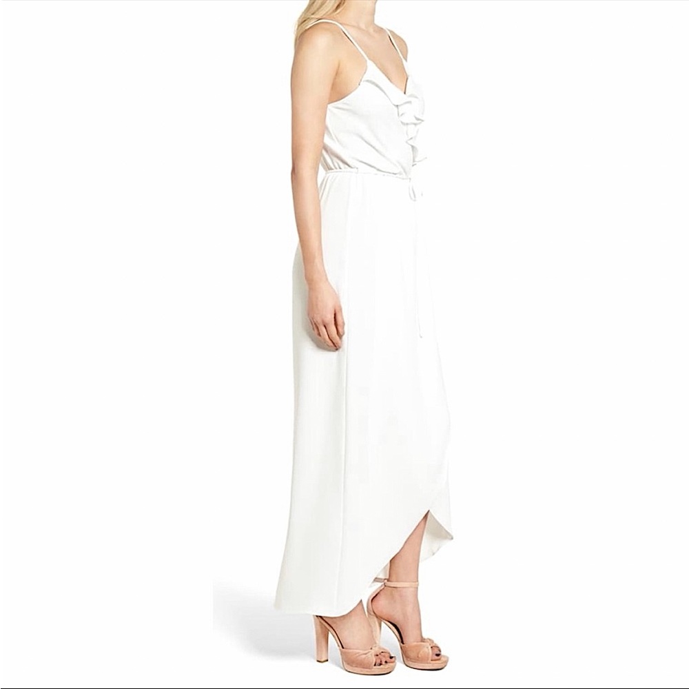Everly Ruffle Front Tie Waist Mock Wrap Slit Maxi Dress White Large Resort Party - Picture 6 of 13